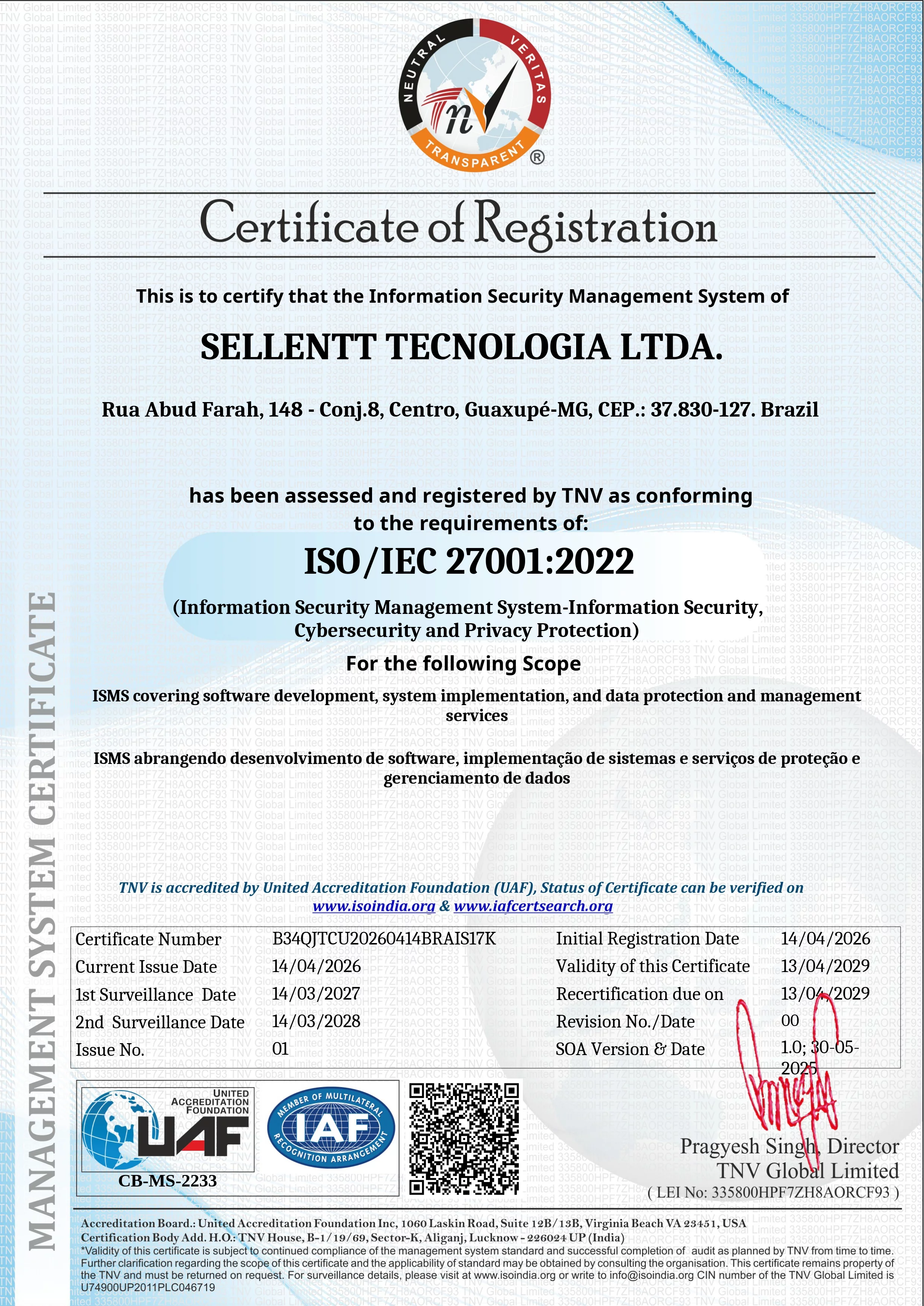 Certificado ISO/IEC 27001:2022 – Sellentt Tecnologia