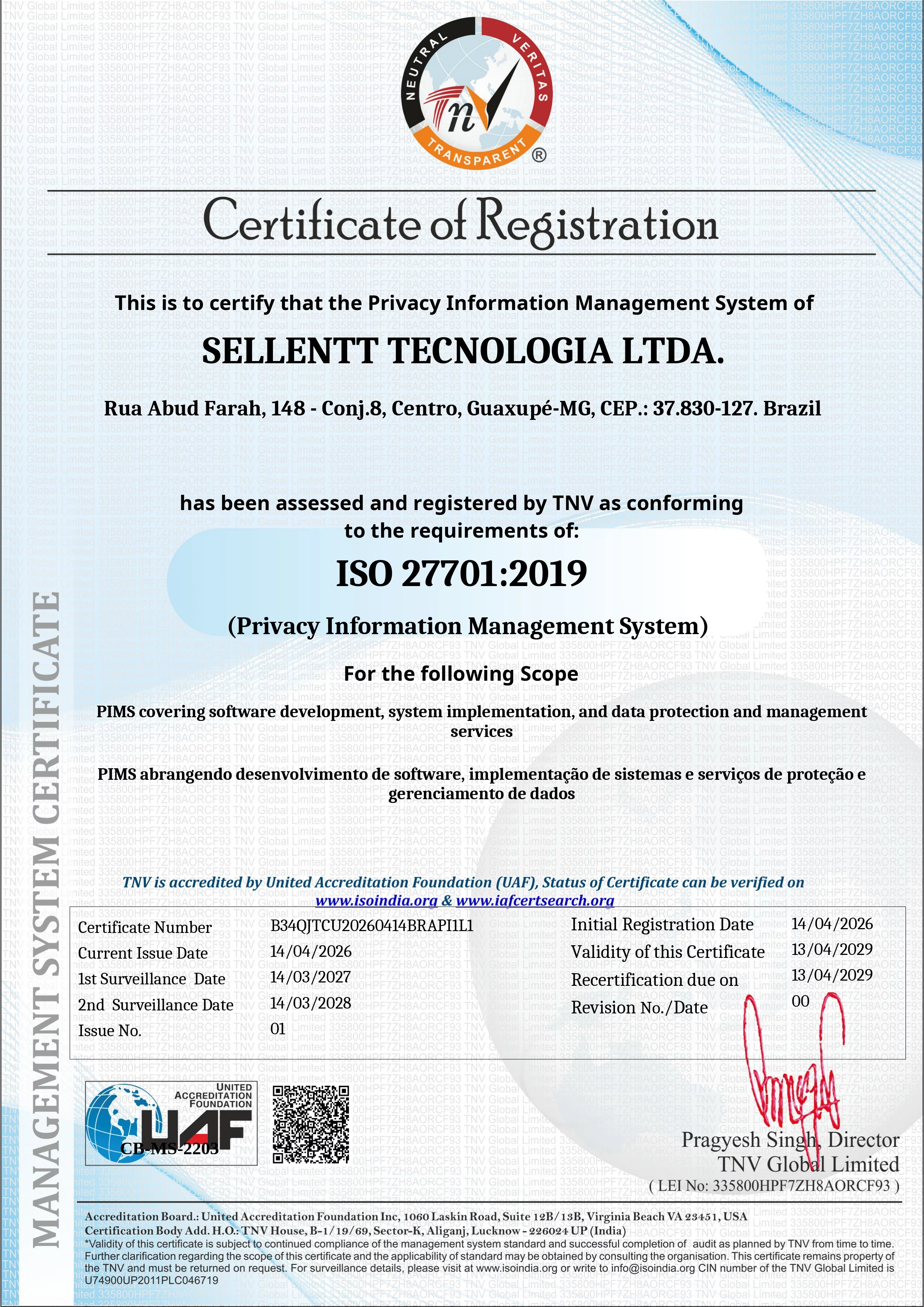 Certificado ISO 27701:2019 – Sellentt Tecnologia